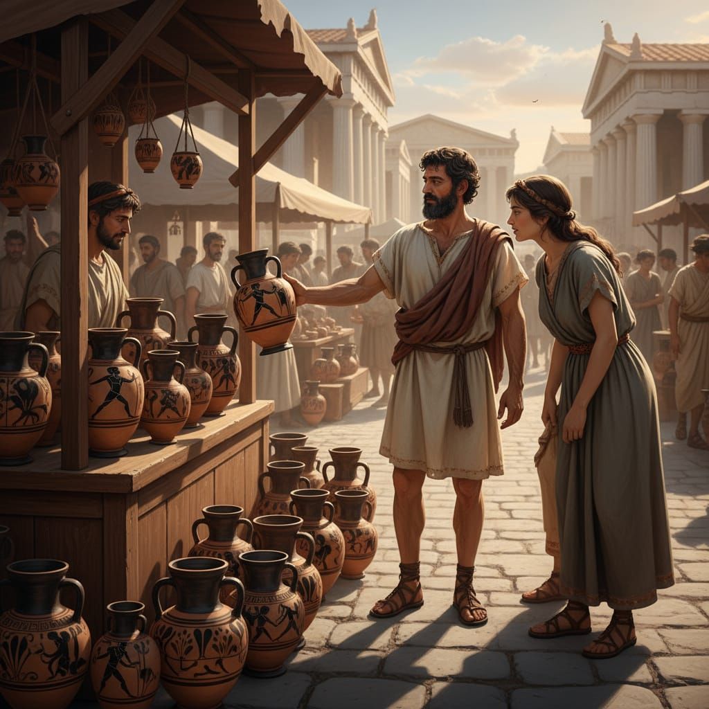 Ancient Greek Vendor Offers Decorated Amphorae