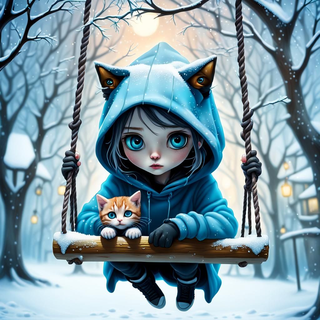 Girl with Kitten in Early Winter Snow, Pop Surrealism