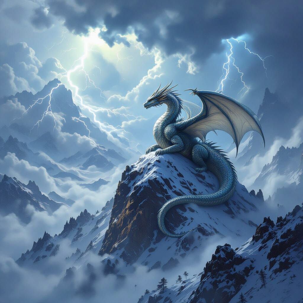 Majestic Dragon on Snowy Peak in Tempest