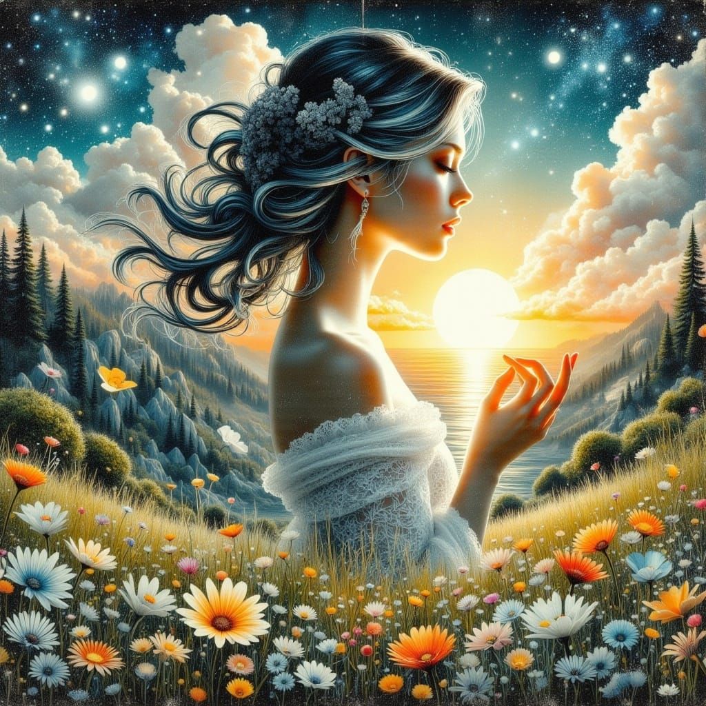 Ethereal Woman with Orb in Dreamy Landscape