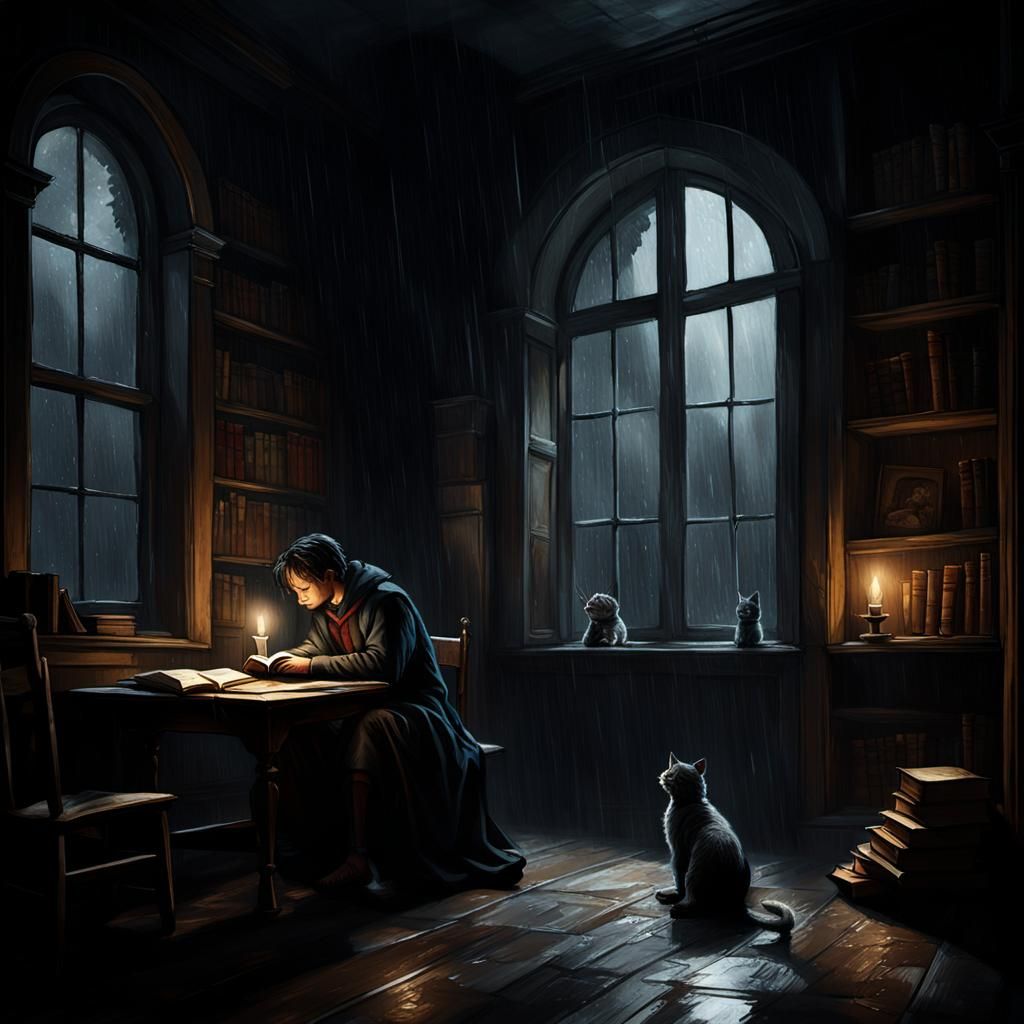 A rainy night viewed through a window, with a cozy nook and a pet curled up nearby.