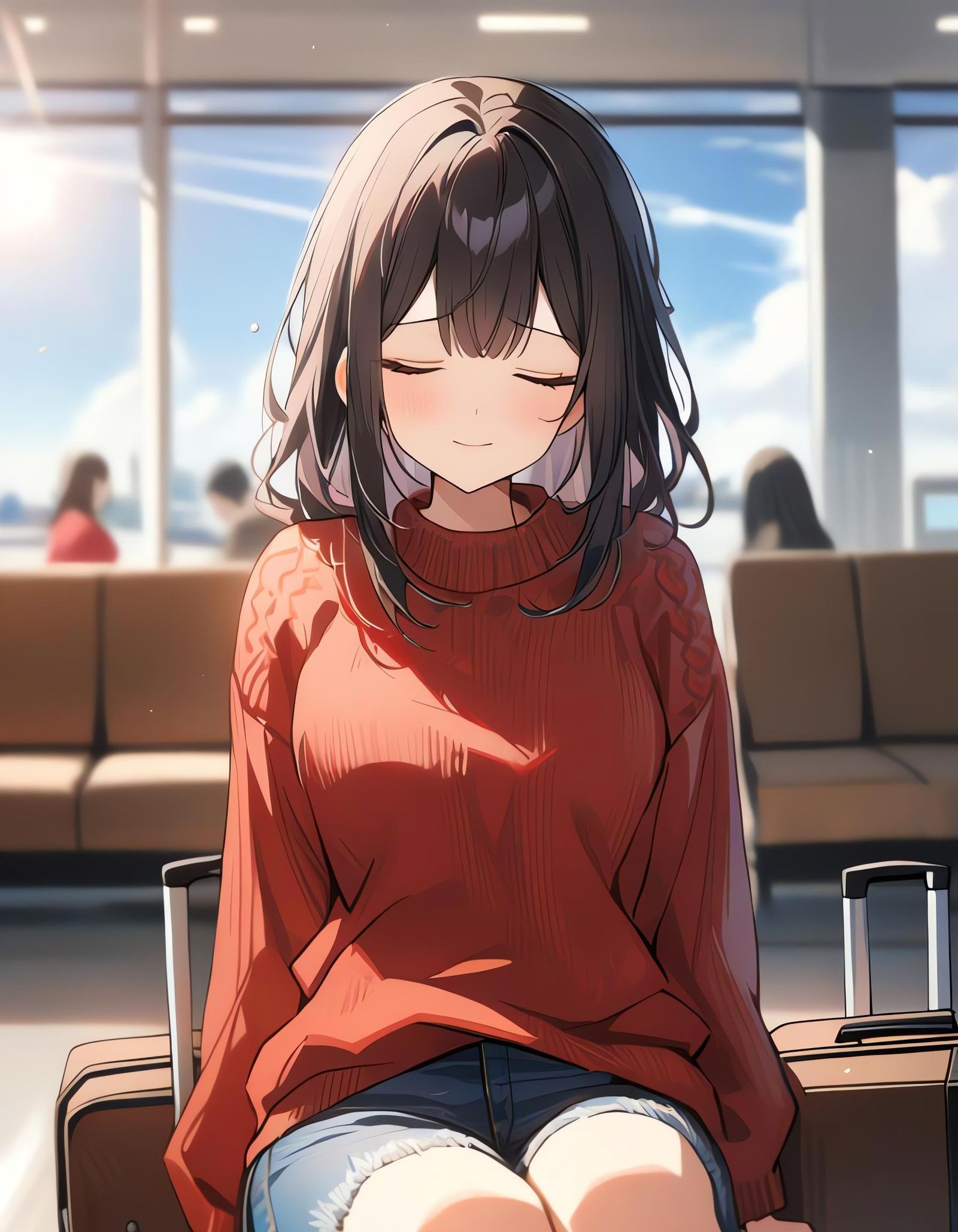 Sleepy Girl in Airport with Red Sweater