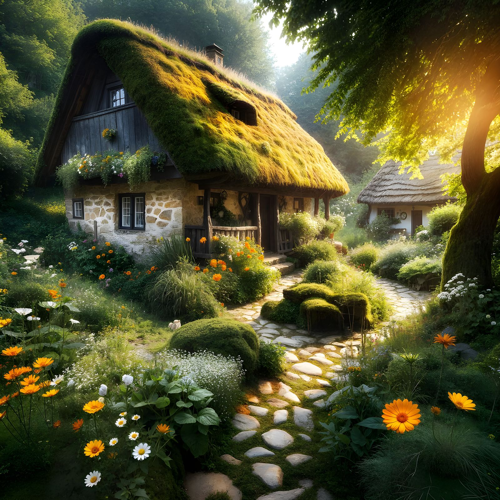 Cozy Rustic Country House in a Vibrant Floral Garden