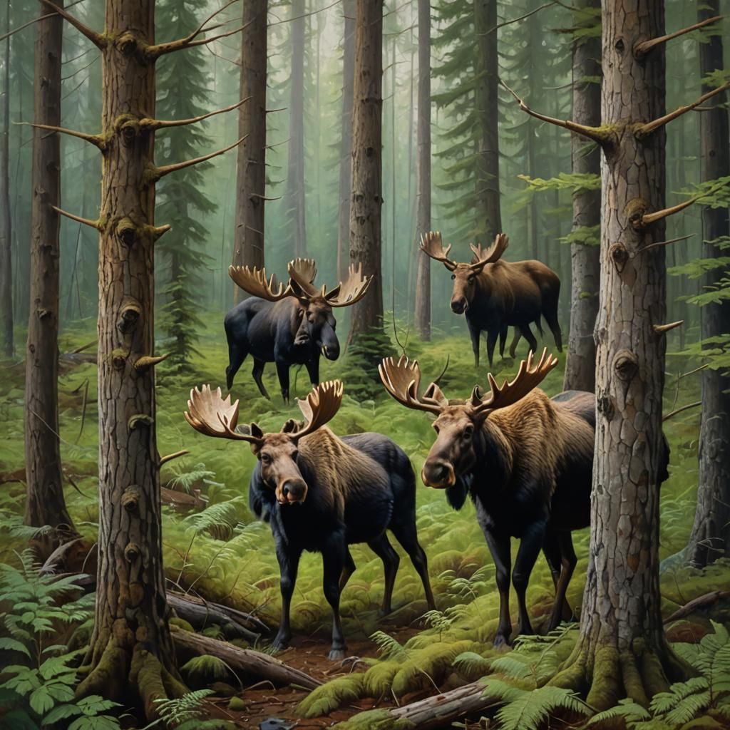 Moose and Badger in Forest, Oil Painting Style