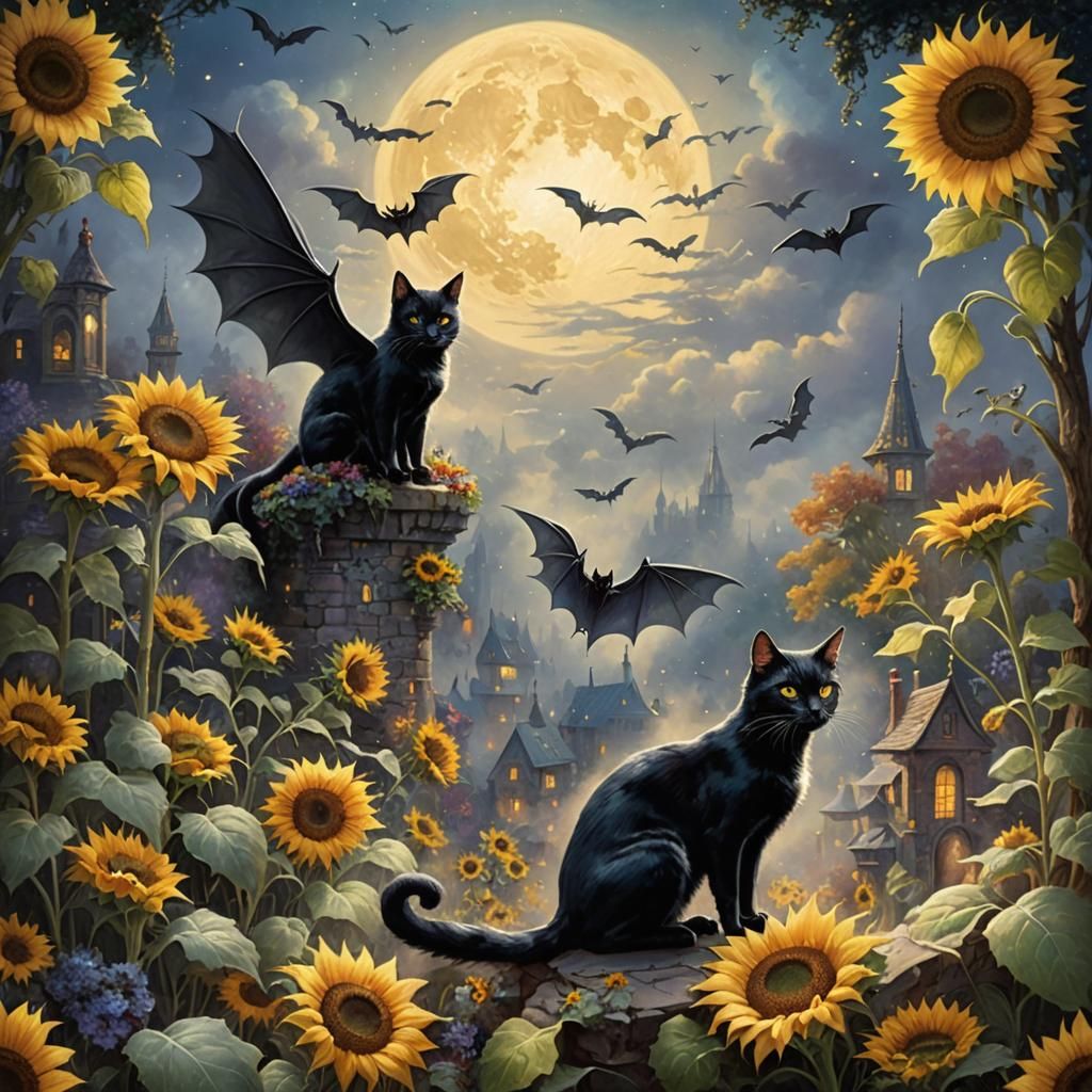 Fantasy Black Cat with Bat Wings and Sunflowers