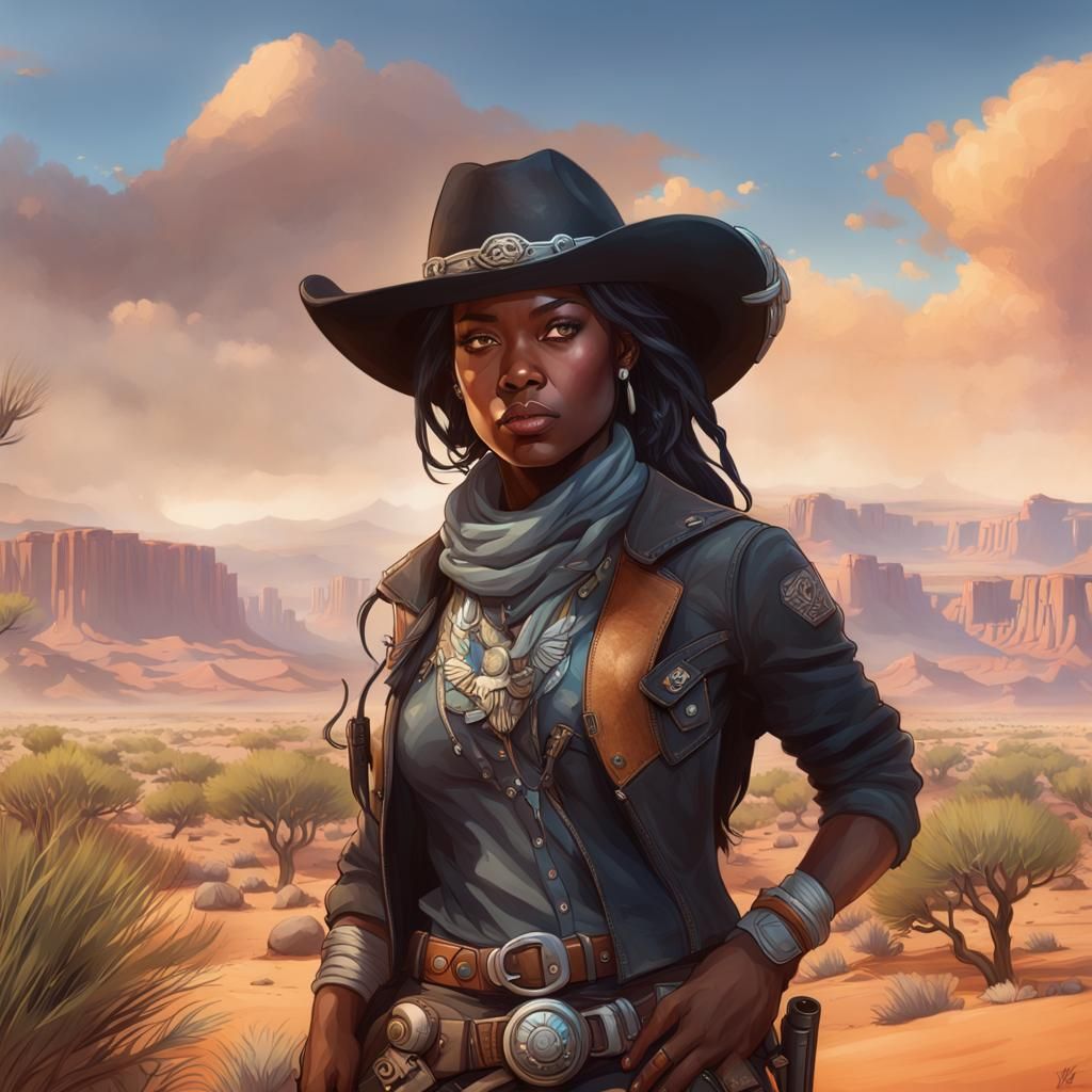 Black Cowgirl Portrait in Hyperdetailed Western Landscape