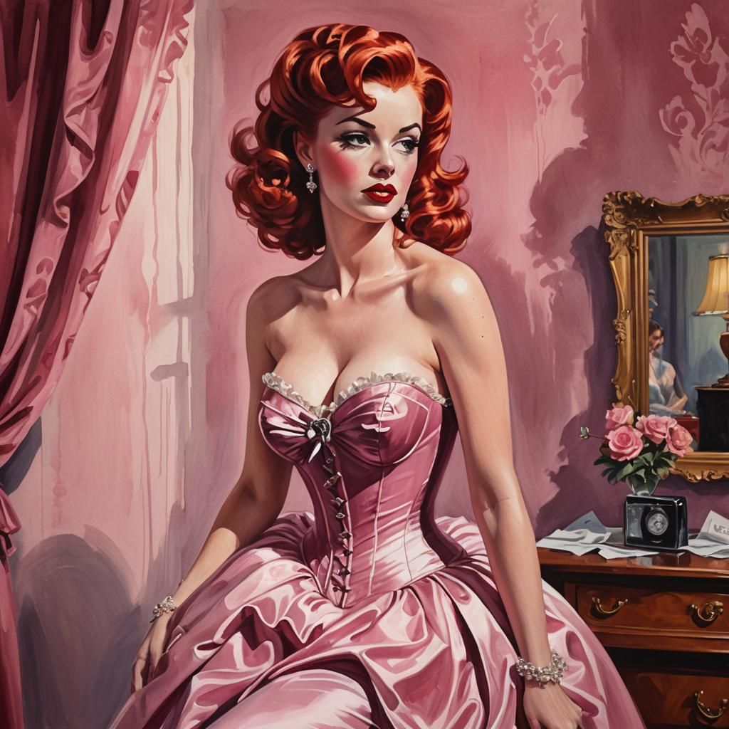 Redhead in Pink Corset: 50s Pin-up Art