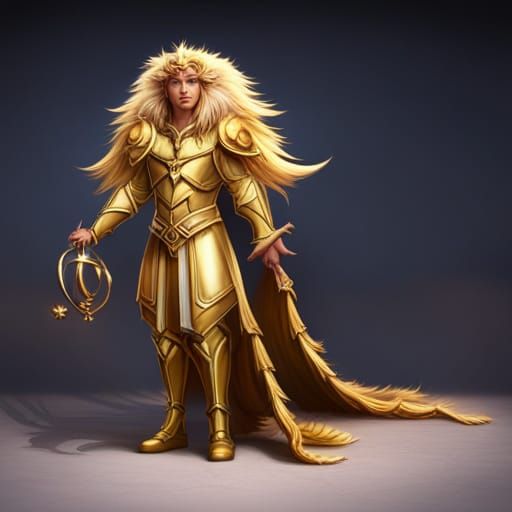 Regal Figure with Lion and Golden Feathers