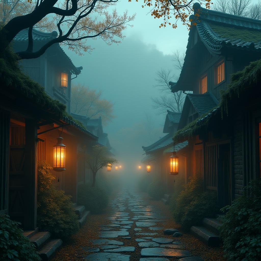 Eerie Japanese Village in Autumn Mist