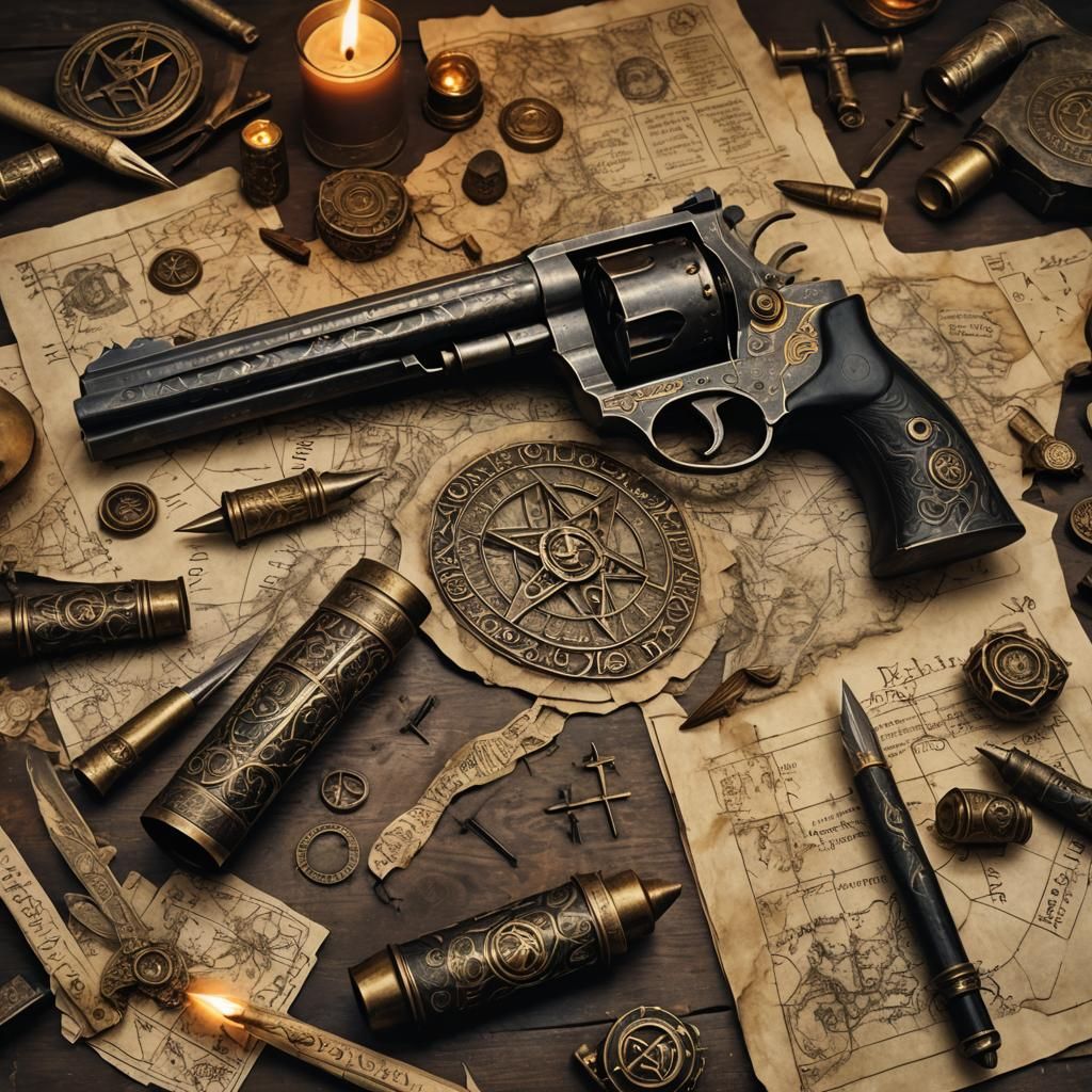 Mystical Revolver with Runes in Dark Fantasy Style