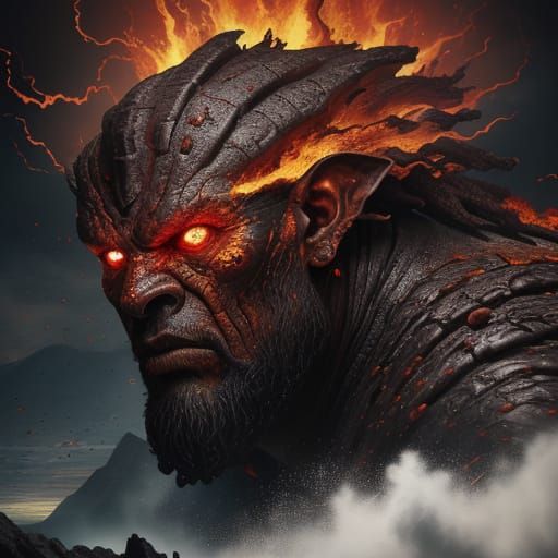 Hyperrealistic Giant in Dramatic Volcanic Landscape