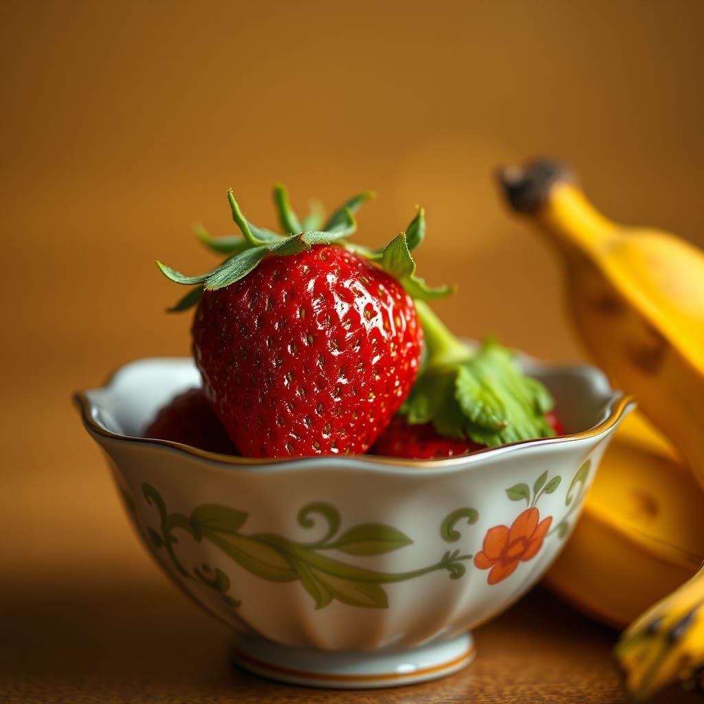 Hyperrealistic Strawberry in Porcelain Bowl Still Life