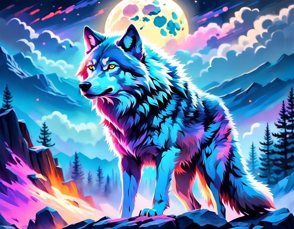 Wolf Under Moonlit Sky: Vibrant Oil Painting