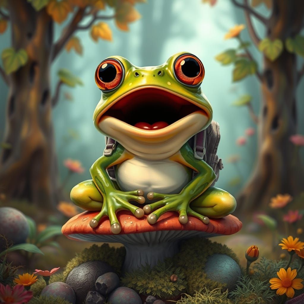 Surprised Frog in Whimsical Forest Art
