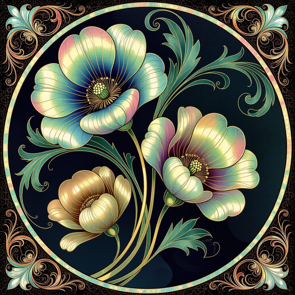 Art Nouveau Metallic Flowers Shimmering with Opalescent Colo...