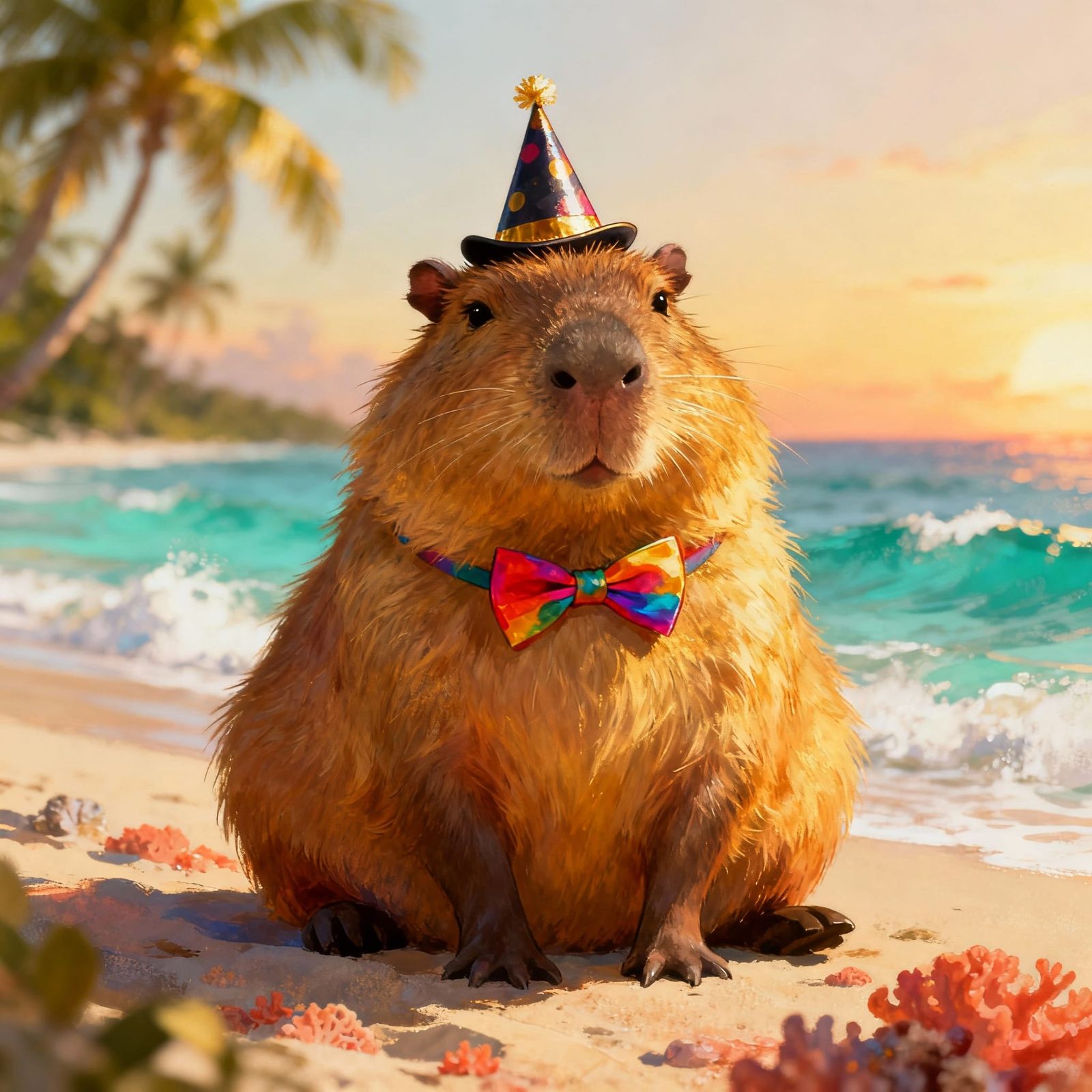Fluffy Capybara in Party Hat on Tropical Beach