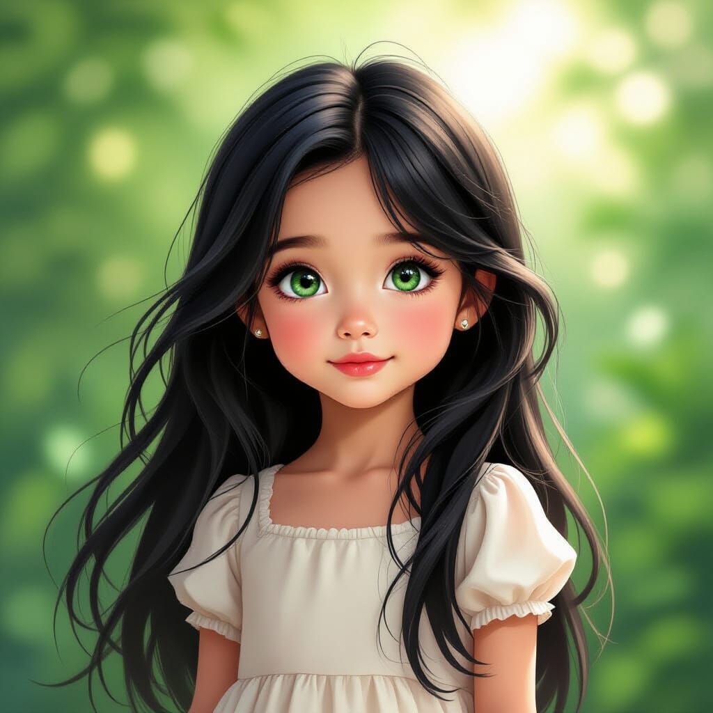 Realistic Digital Painting of a Young Girl with Black Hair