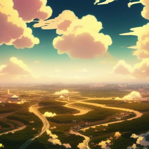 Anime Clouds Over Japanese City in Ghibli Style