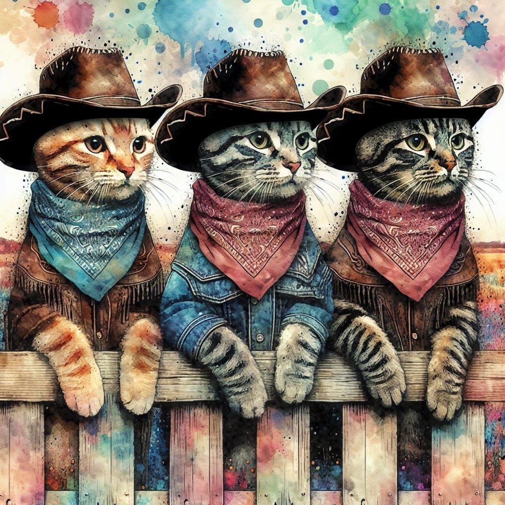 Three Cowboy Cats in Watercolor Splash Art Style