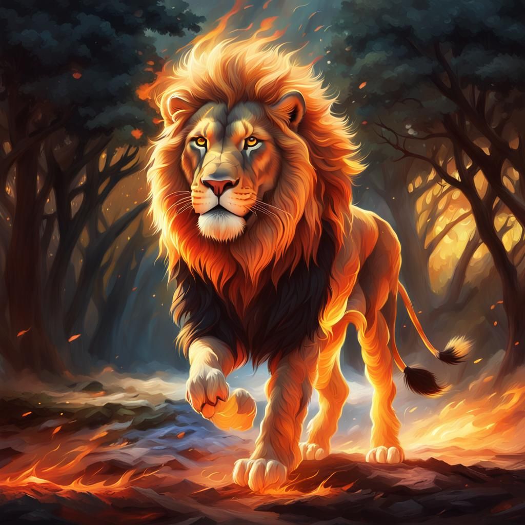 Fiery Lion's Intense Gaze: Hyperrealistic Digital Painting