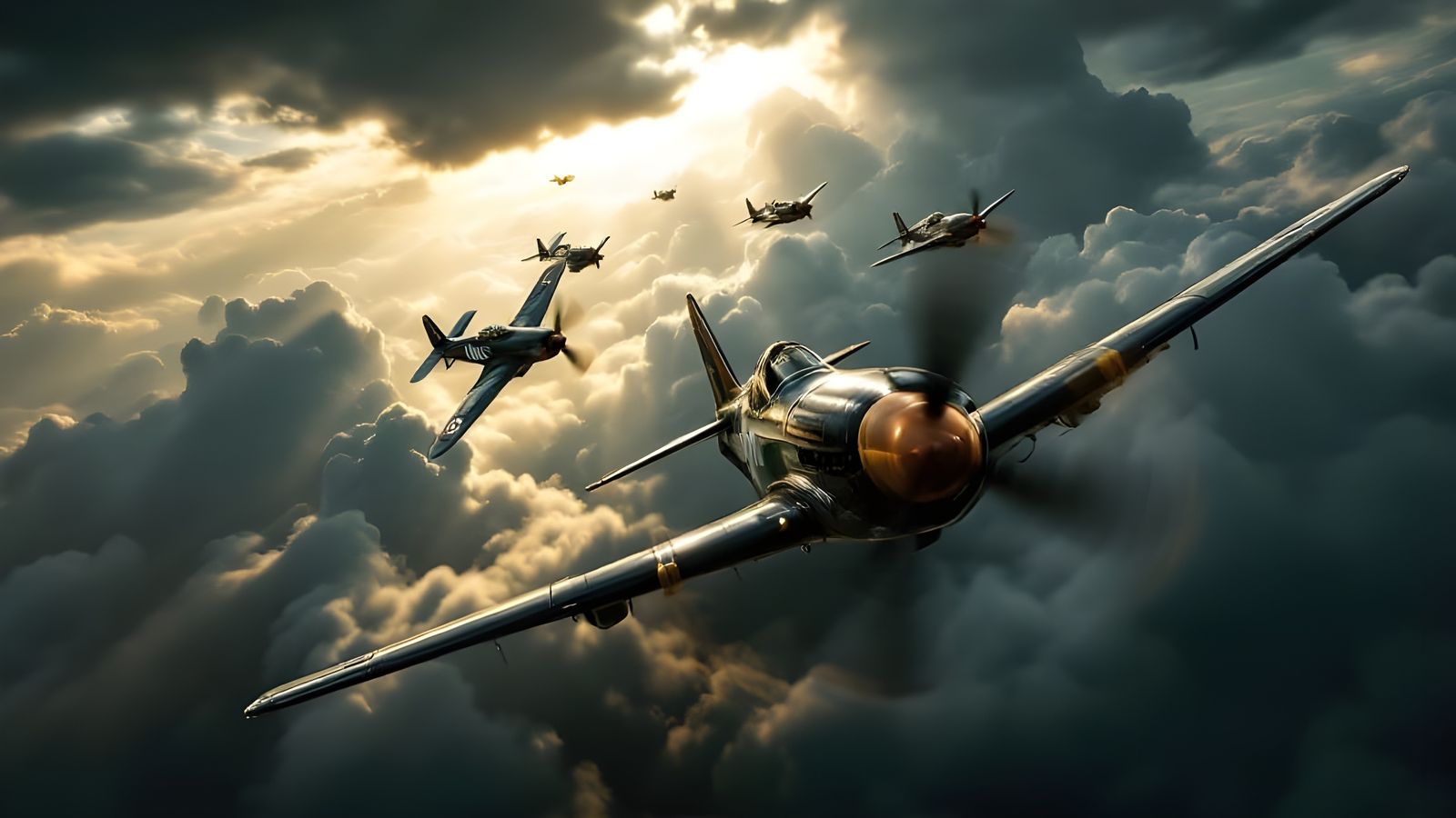 Sleek P-51 Mustangs Soar Through Turbulent Skies