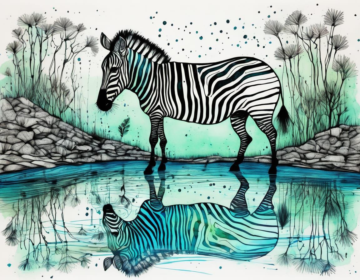 Surrealist Whimsy: A Wild Zebra by a Deserted Pond