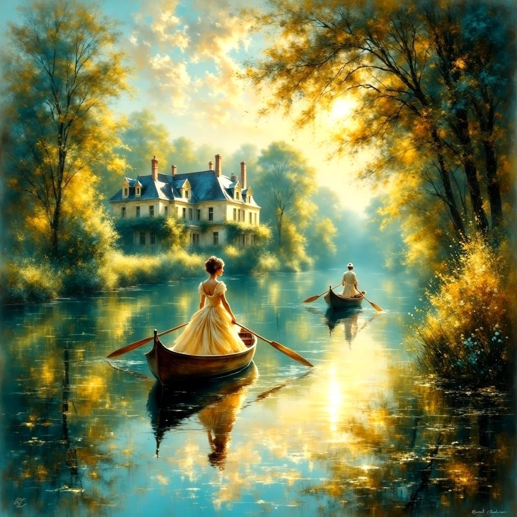 Victorian Lady's Serene Lake Voyage in Elegant Oil Painting