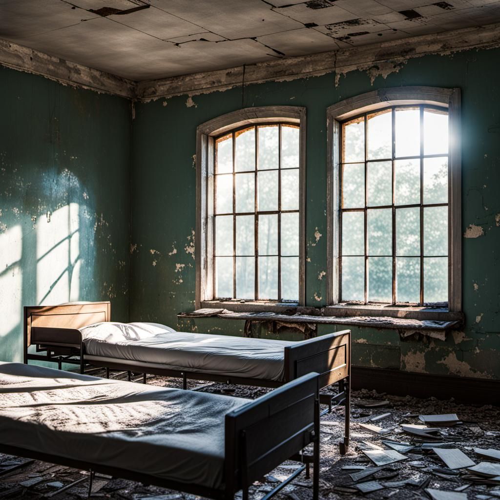 Abandoned 1800s Asylum: Empty Beds in Sunlight