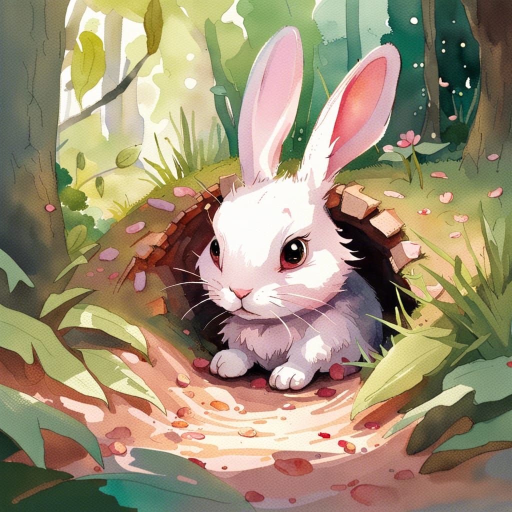 Cute Rabbit Burrowing: Watercolor Impressionist Illustration