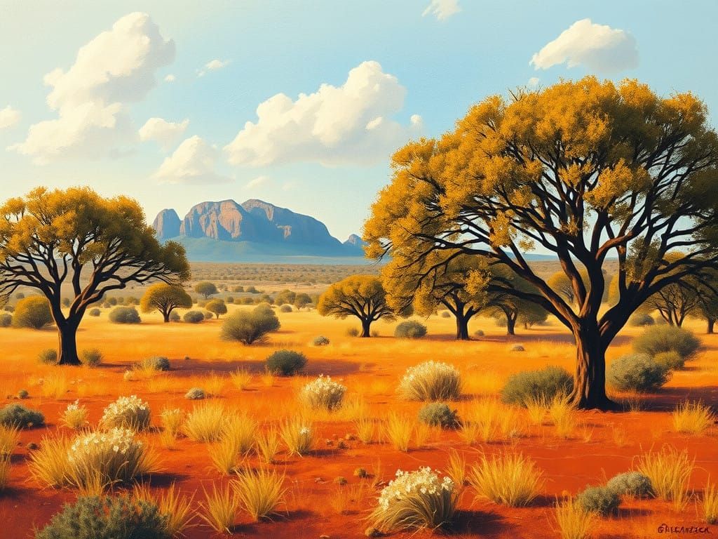 Golden Bushveld Landscape with Acacia Trees and Rocky Outcro...