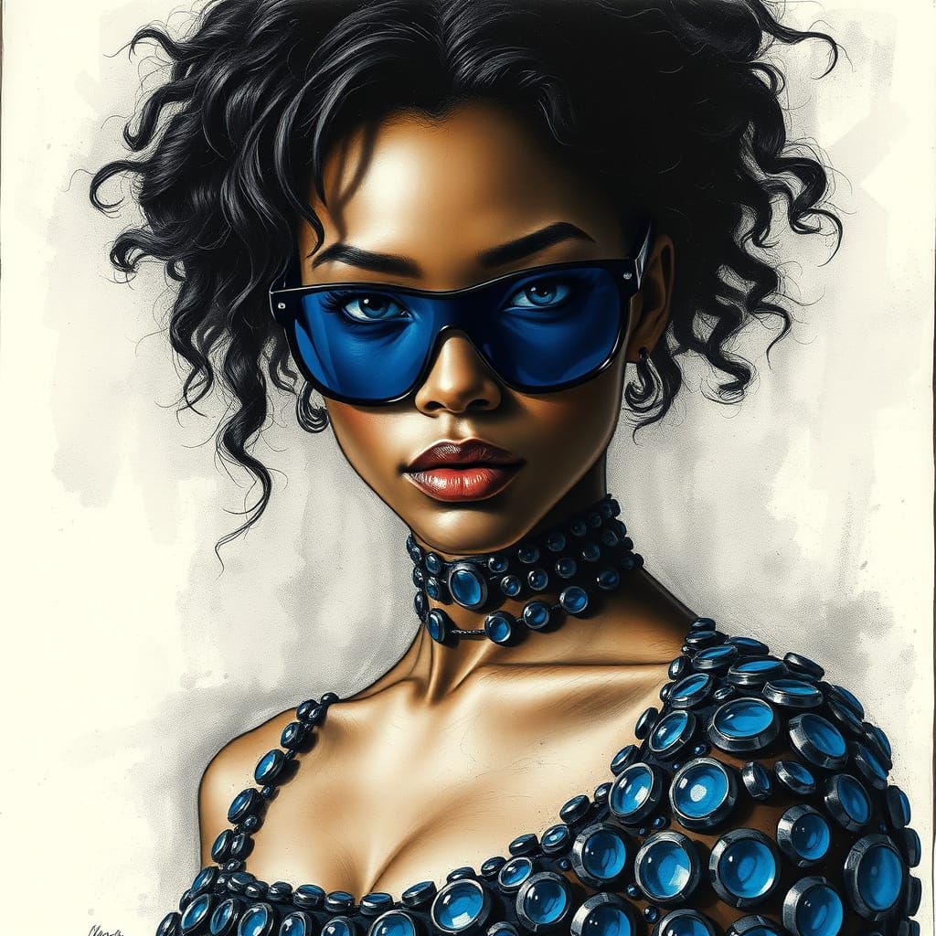 Woman in Avant-Garde Blue Glass Dress, Punk Aesthetic