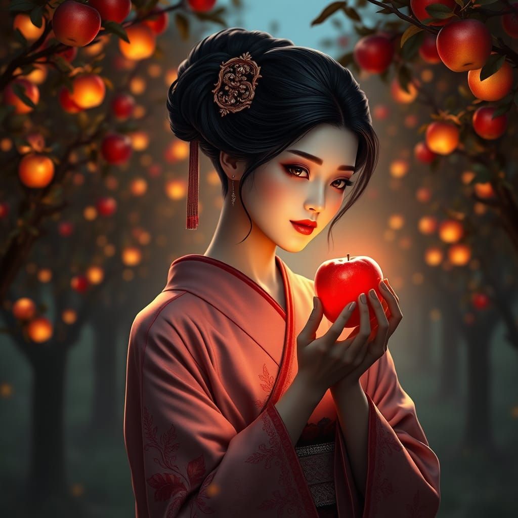 Ethereal Geisha Amidst Glowing Apple Orchard
