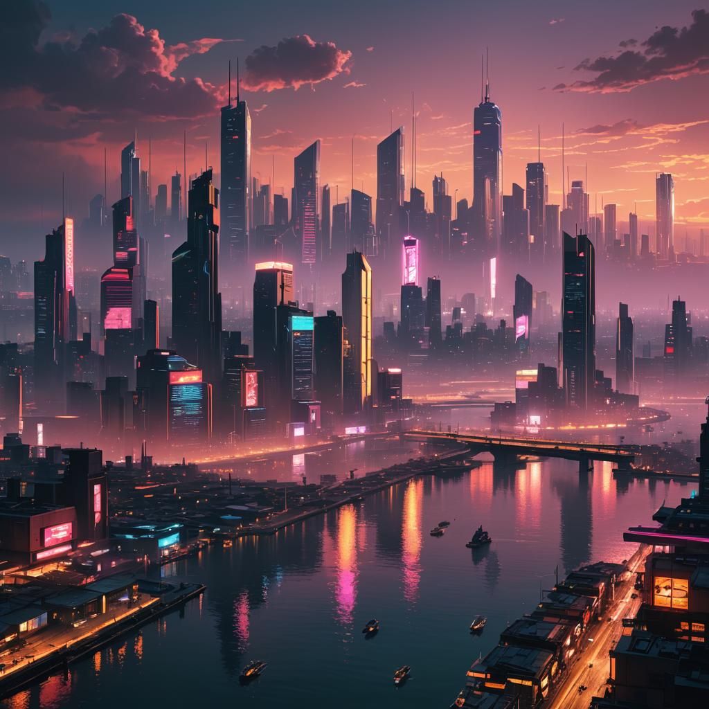Cyberpunk Cityscape at Sunset with Neon Reflections