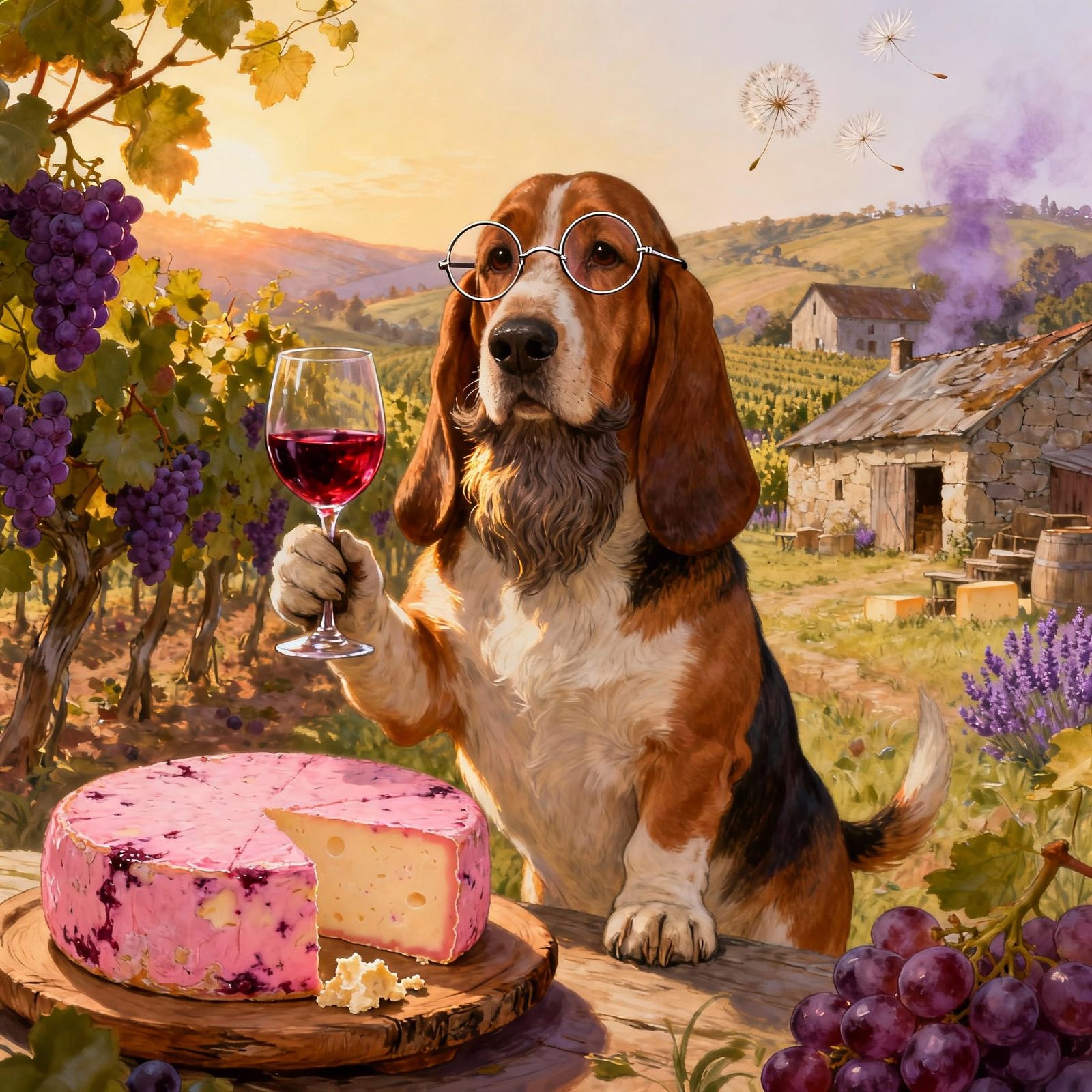 Hipster Basset Hound in Vineyard, Holding Red Wine