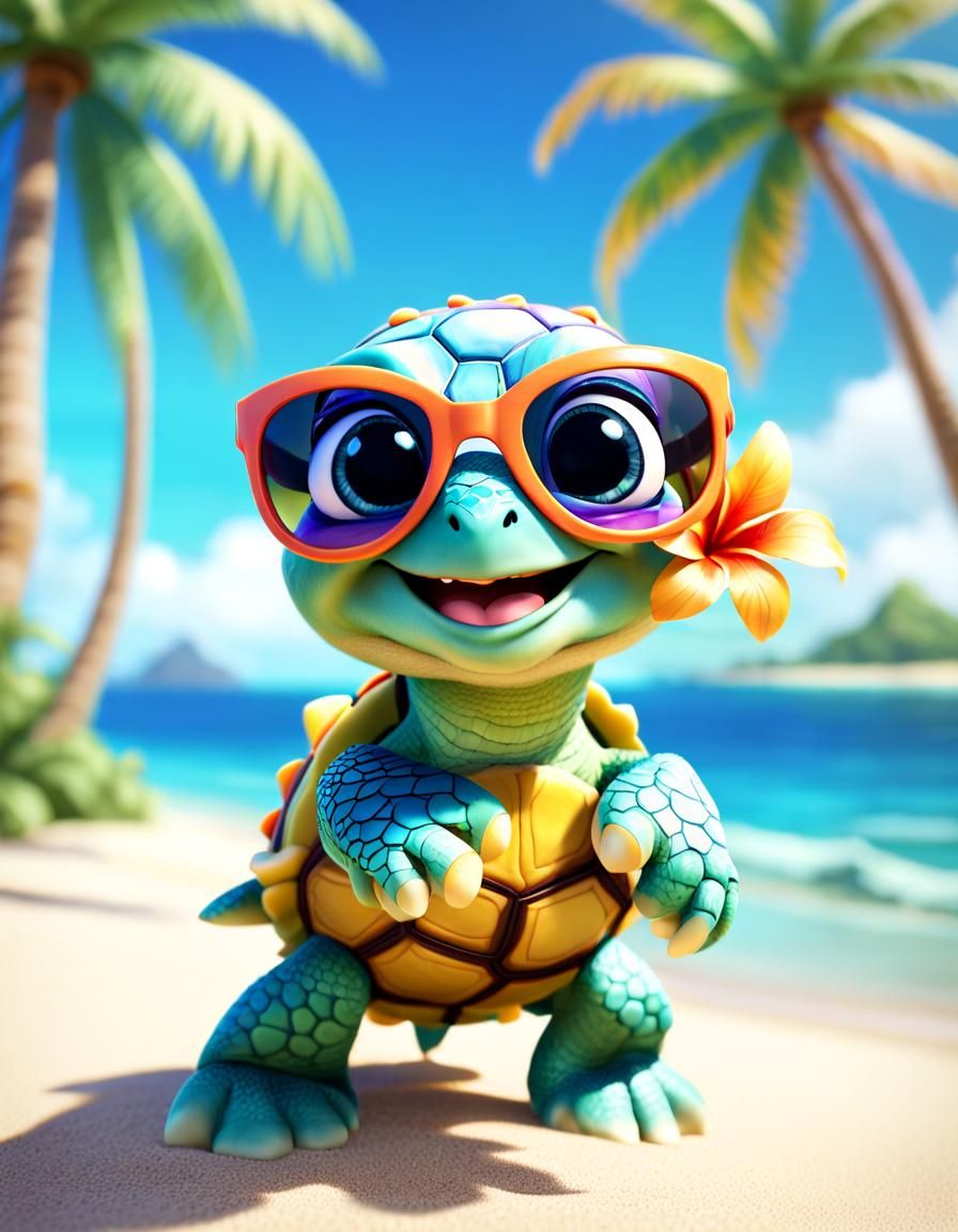 Pixar-Style Turtle with Sunglasses on Beach