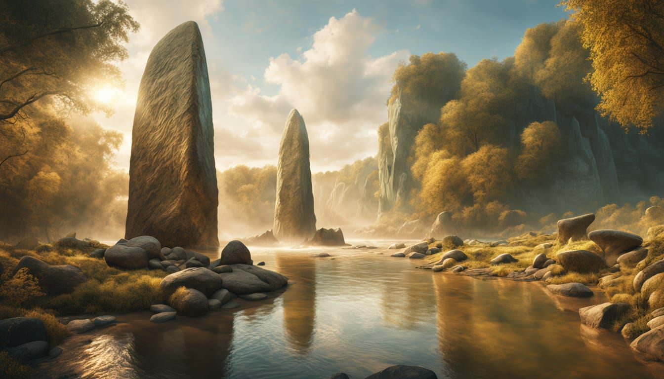 Sunken Menhir in a Misty River Landscape