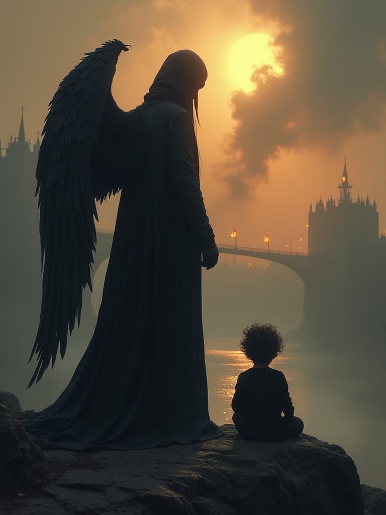 Winged Angel Guiding Souls in Gothic Landscape