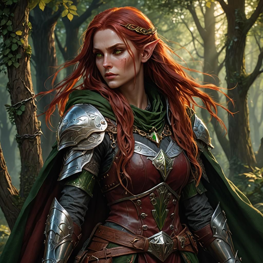 Red-Haired Elf Rogue in Dark Fantasy Style