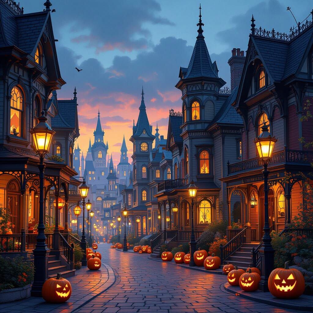 Halloween City at Dusk in Victorian Style