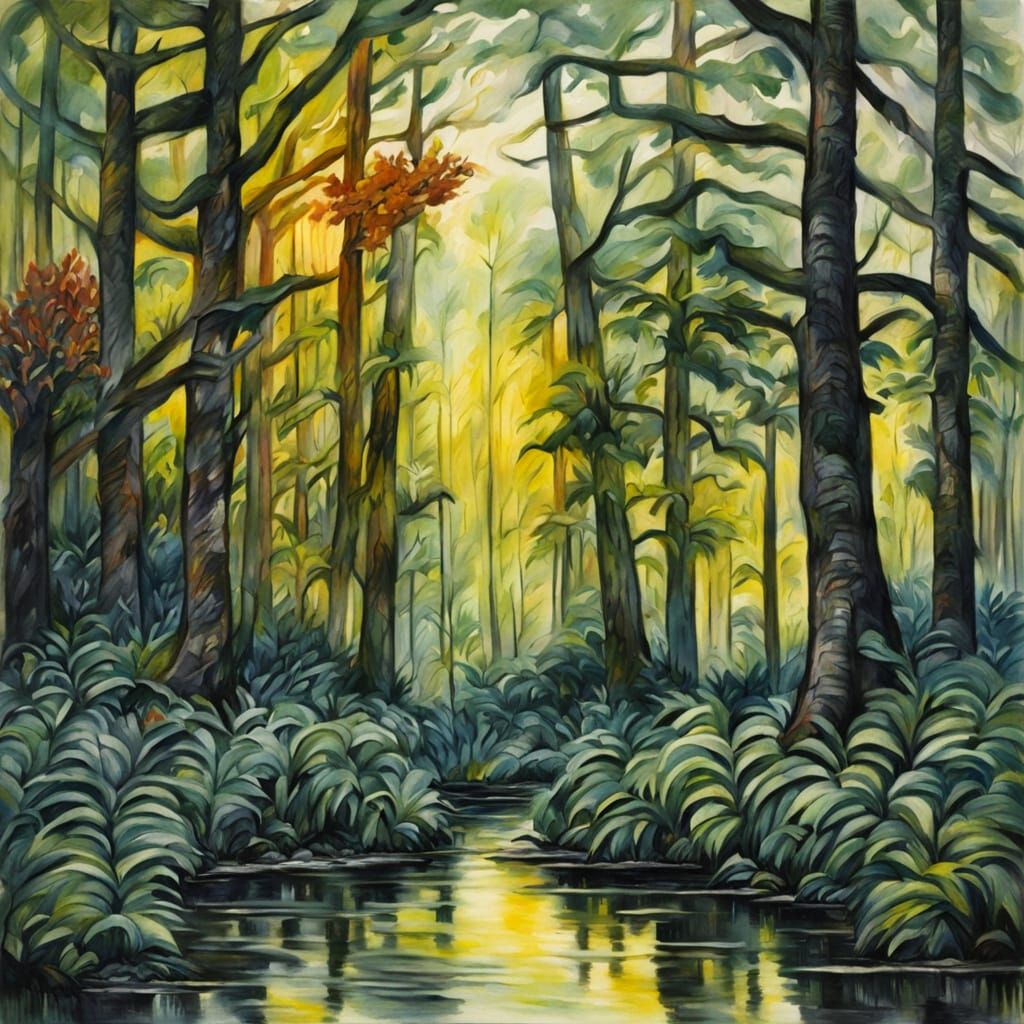 Sunny Forest with Hedgehogs in Gouache Style