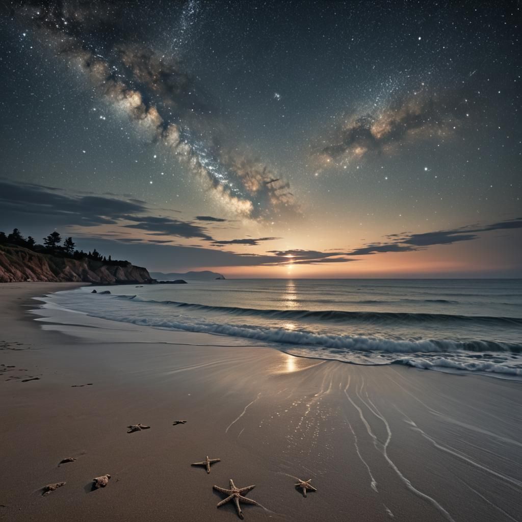 Hyperrealistic Summer Night Seascape with Starry Sky