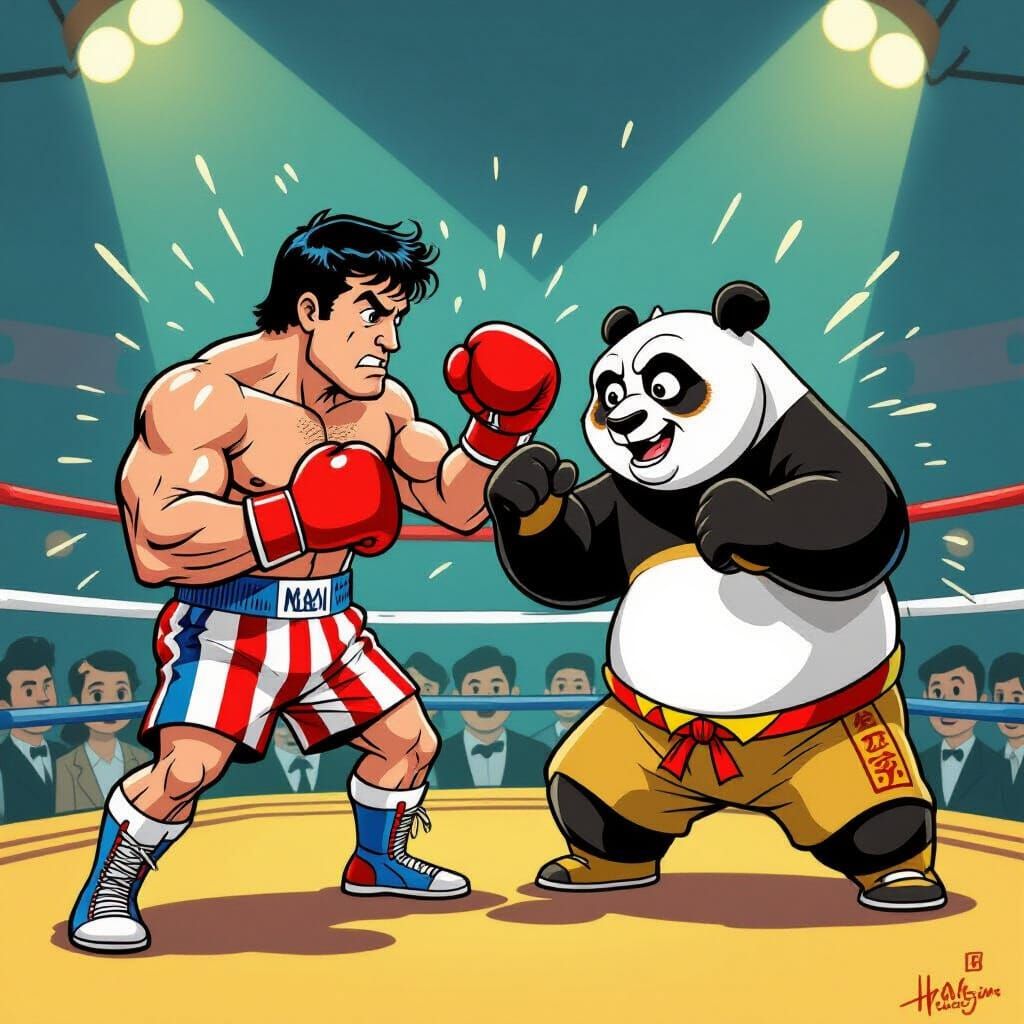 Rocky Balboa Spars with Kung Fu Panda in Cartoon Style