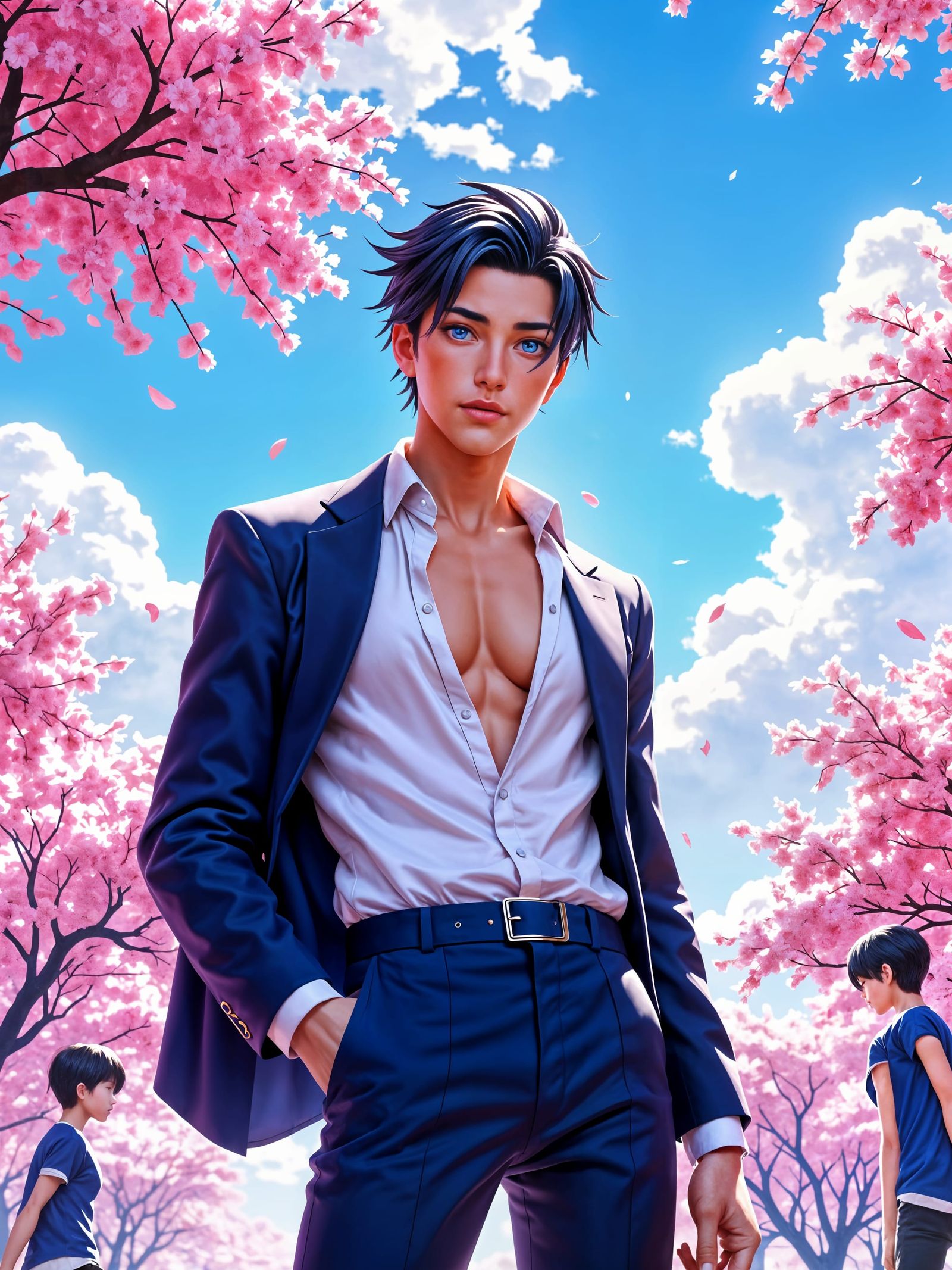 Vibrant Anime Landscape with Mischievous Male Figure