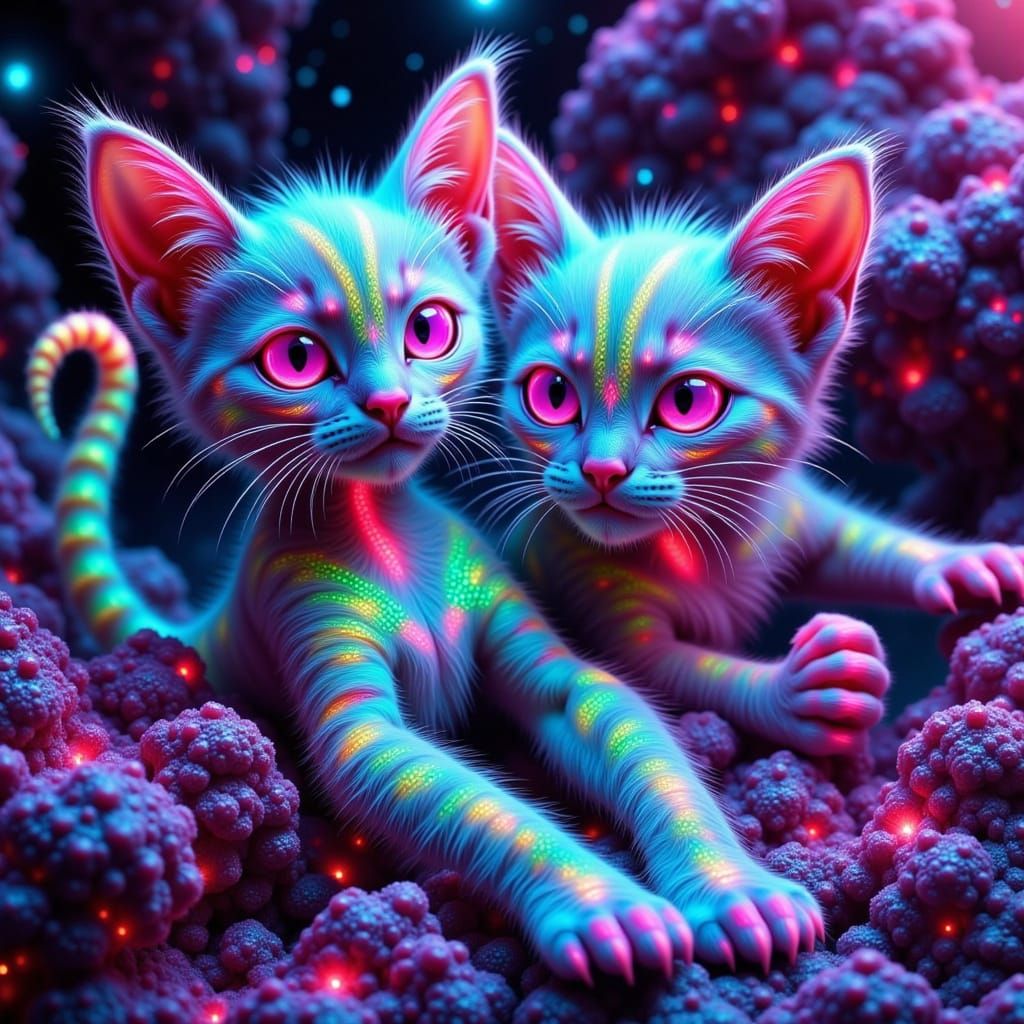 Vibrant Neon Space Cats in Bioluminescent Cosmos