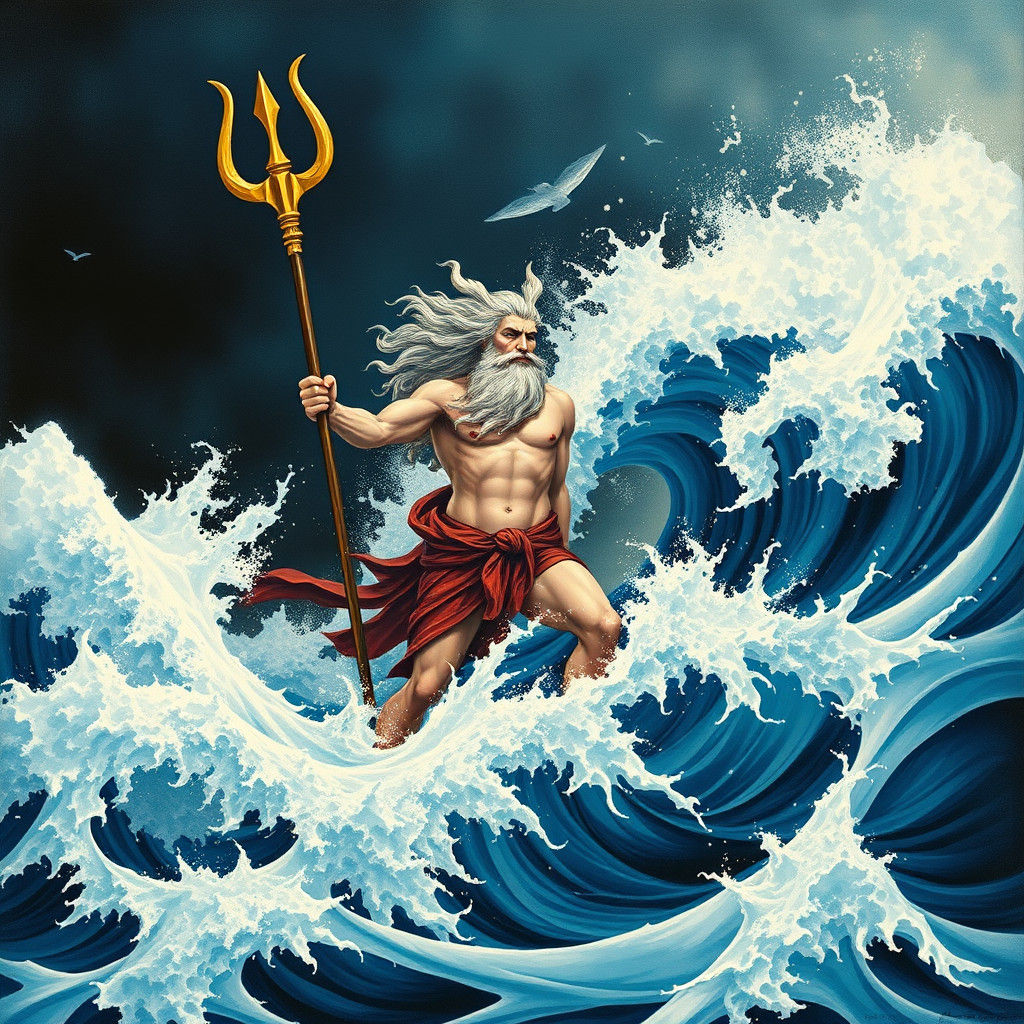 Poseidon Summons Tsunami in Hokusai Wave Style