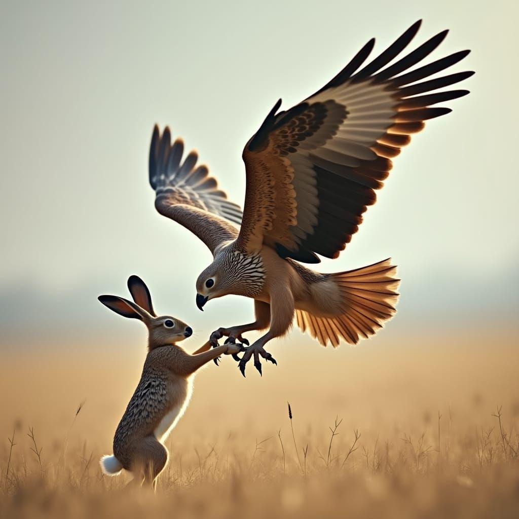 A hare with long ears is 2 meters above the field, a larger eagle comes flying from above, sticks its claws into the har...