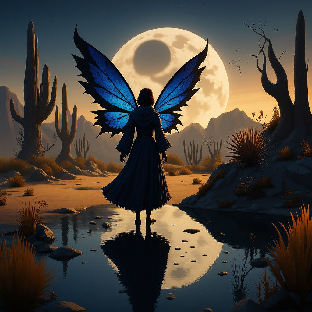 Melancholic Fairy Above Barren Desert Oasis