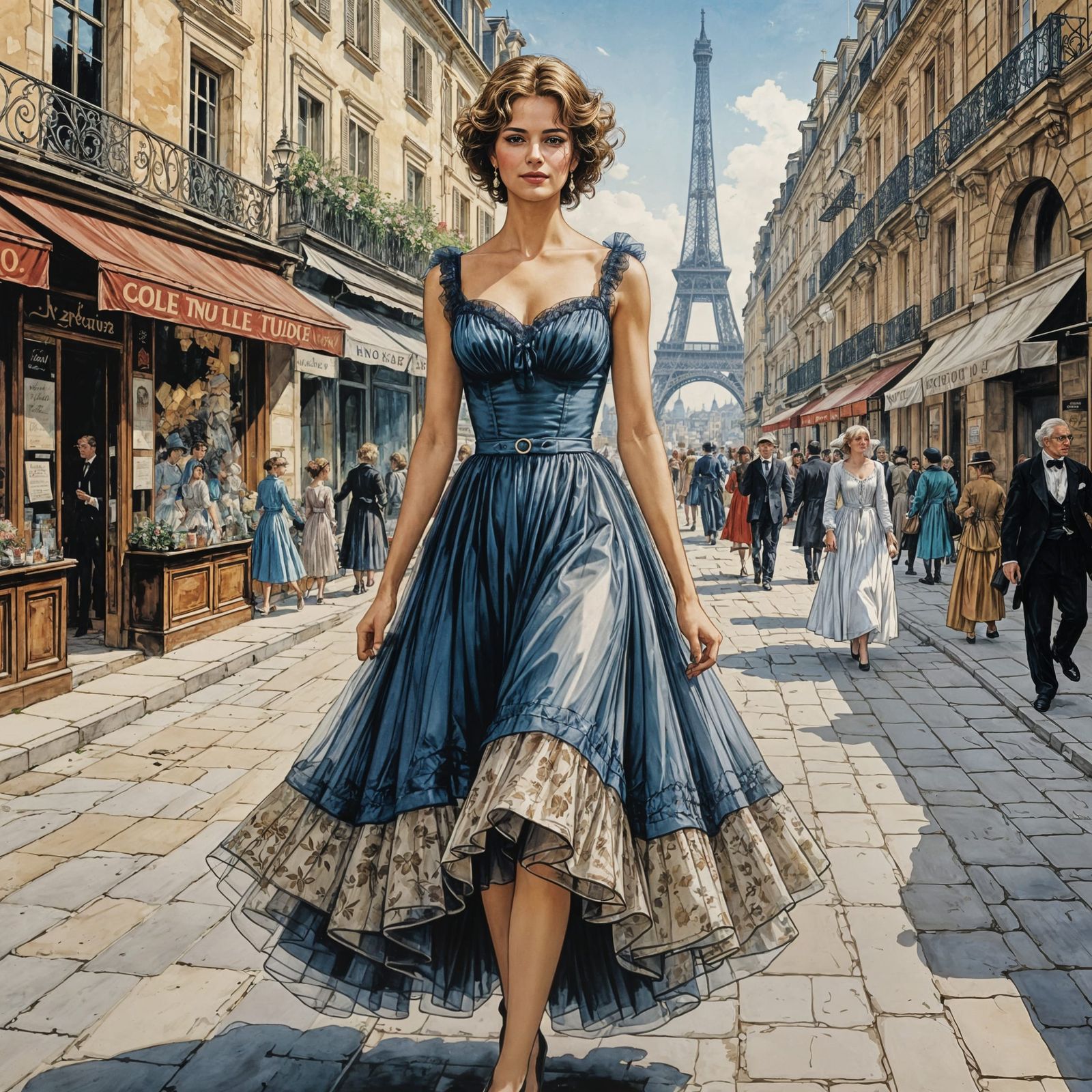 Woman in Tulle Dress in 19th Century City