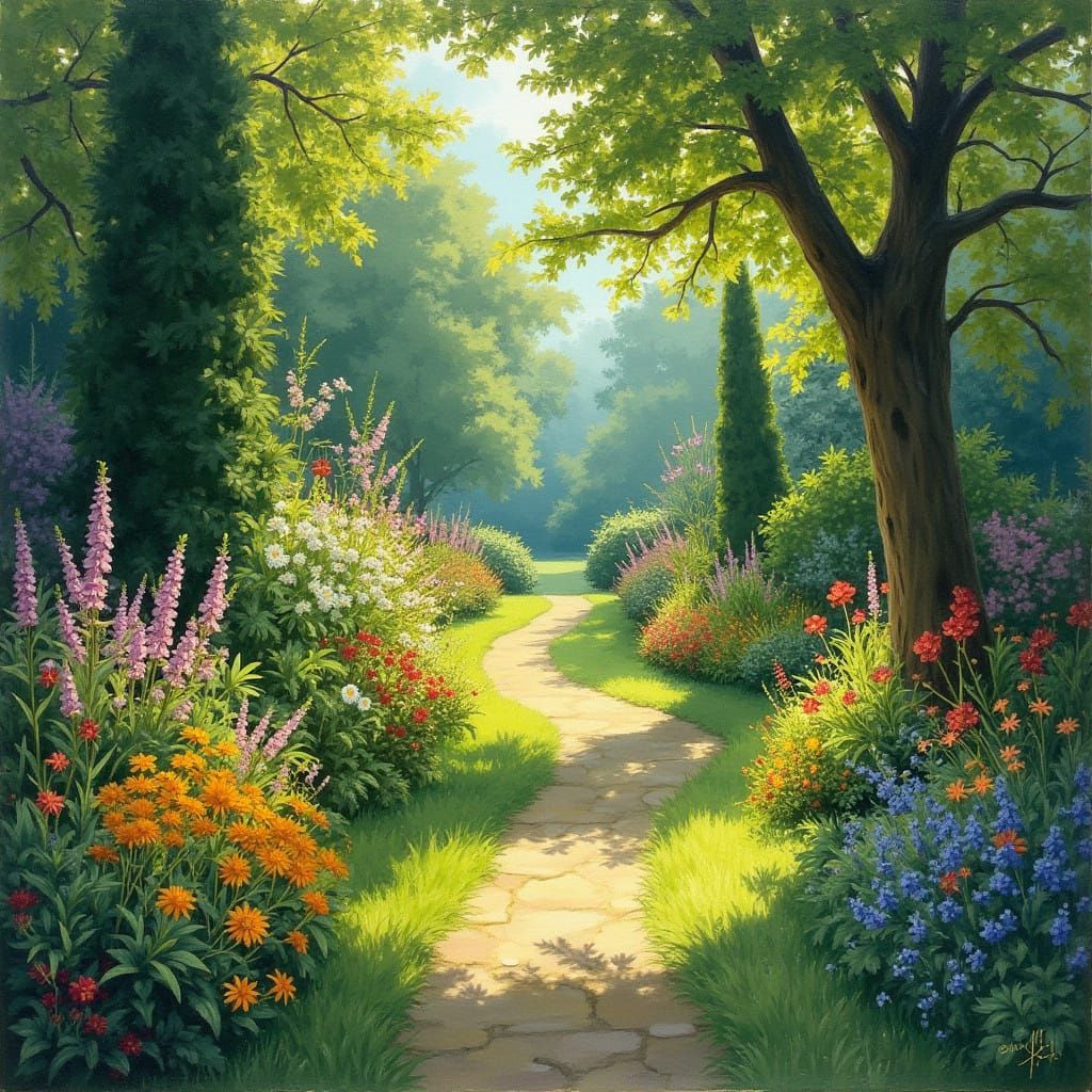 Vibrant Garden Scene in Impressionist Style