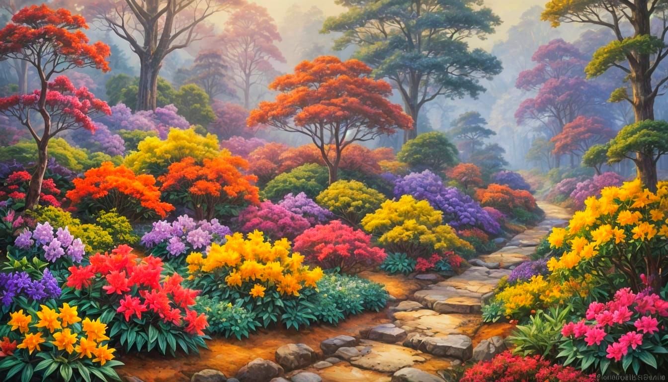 Vibrant Australian Garden Scene in Oil Paintings Style